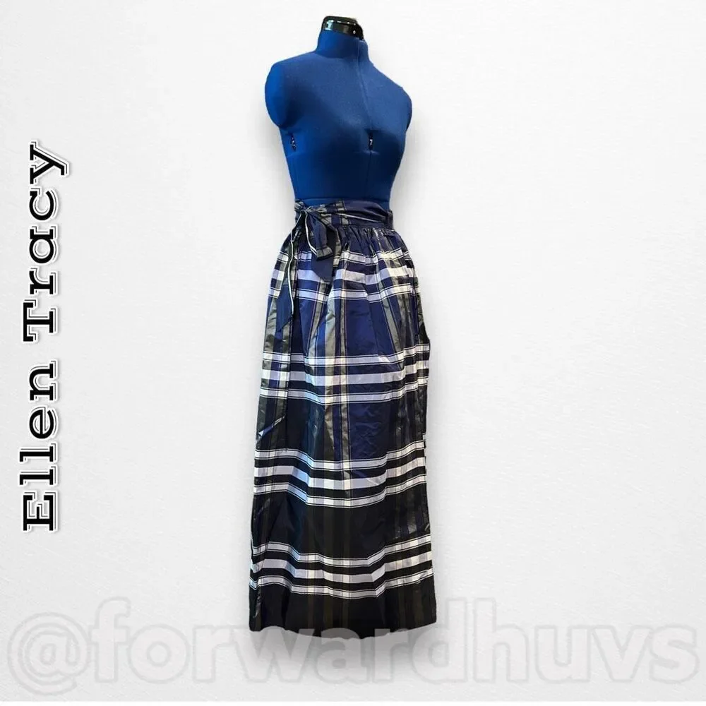 Vintage Ellen Tracy Blue Plaid Silk Taffeta Wrap Skirt Size 13